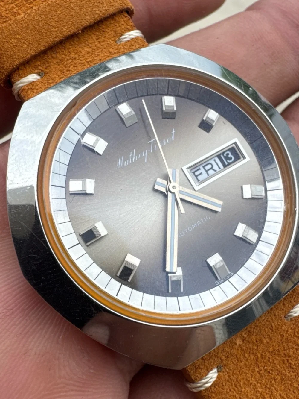 Mathey Tissot automatic Day Date watch with brown leather strap